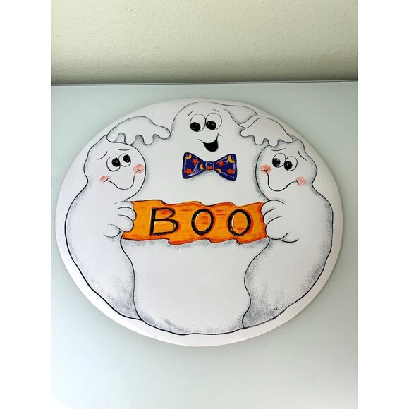 Halloween Ghost Trio BOO Set of 4 Vinyl Circle Placemats Happy Cute Bow Tie - Picture 10 of 13